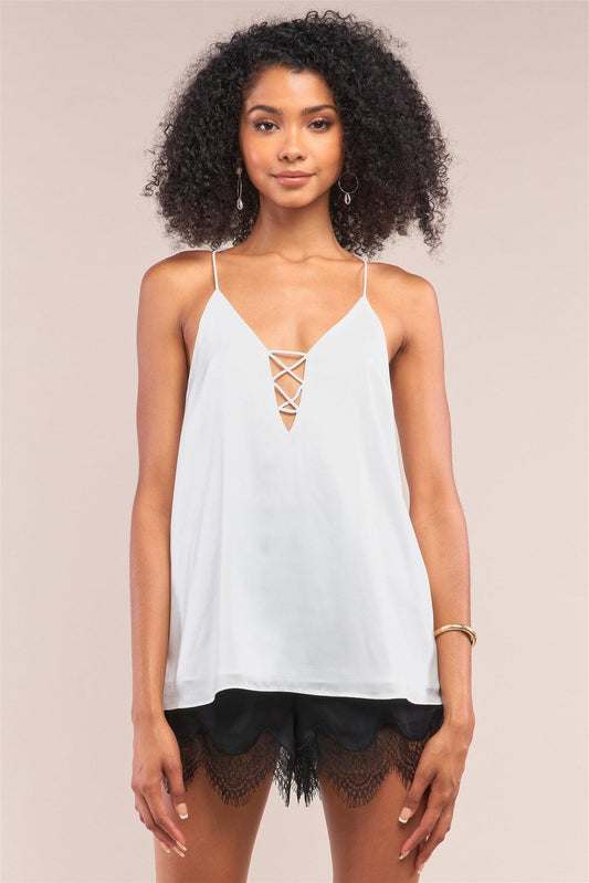 White Sleeveless V-Neck Side Cris Cross Cut-Out Loose Fit Top