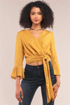 Mustard Star Print V-Neck Wrap Self-Tie Cropped Top /1-2-2-1 - Tasha Apparel Wholesale