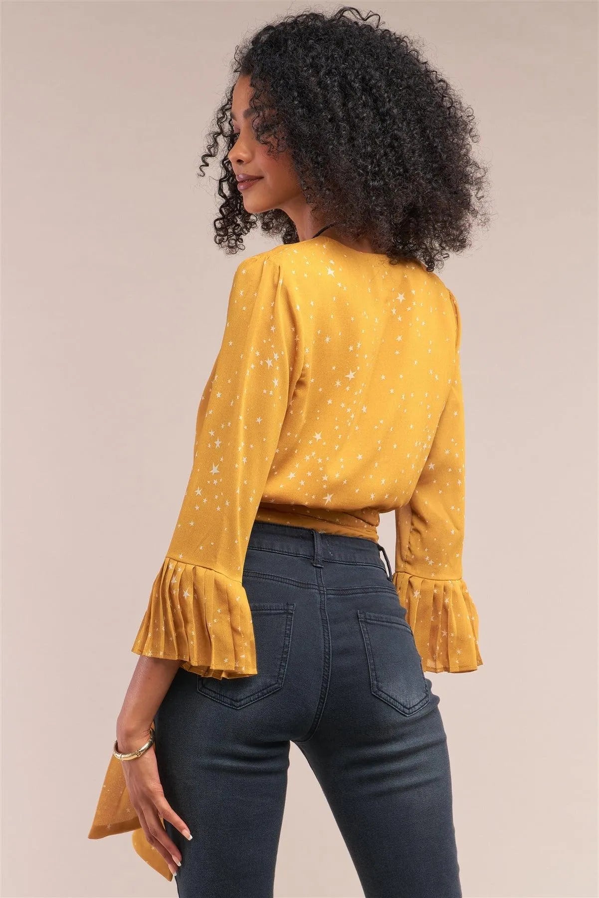 Mustard Star Print V-Neck Wrap Self-Tie Cropped Top /1-2-2-1 - Tasha Apparel Wholesale