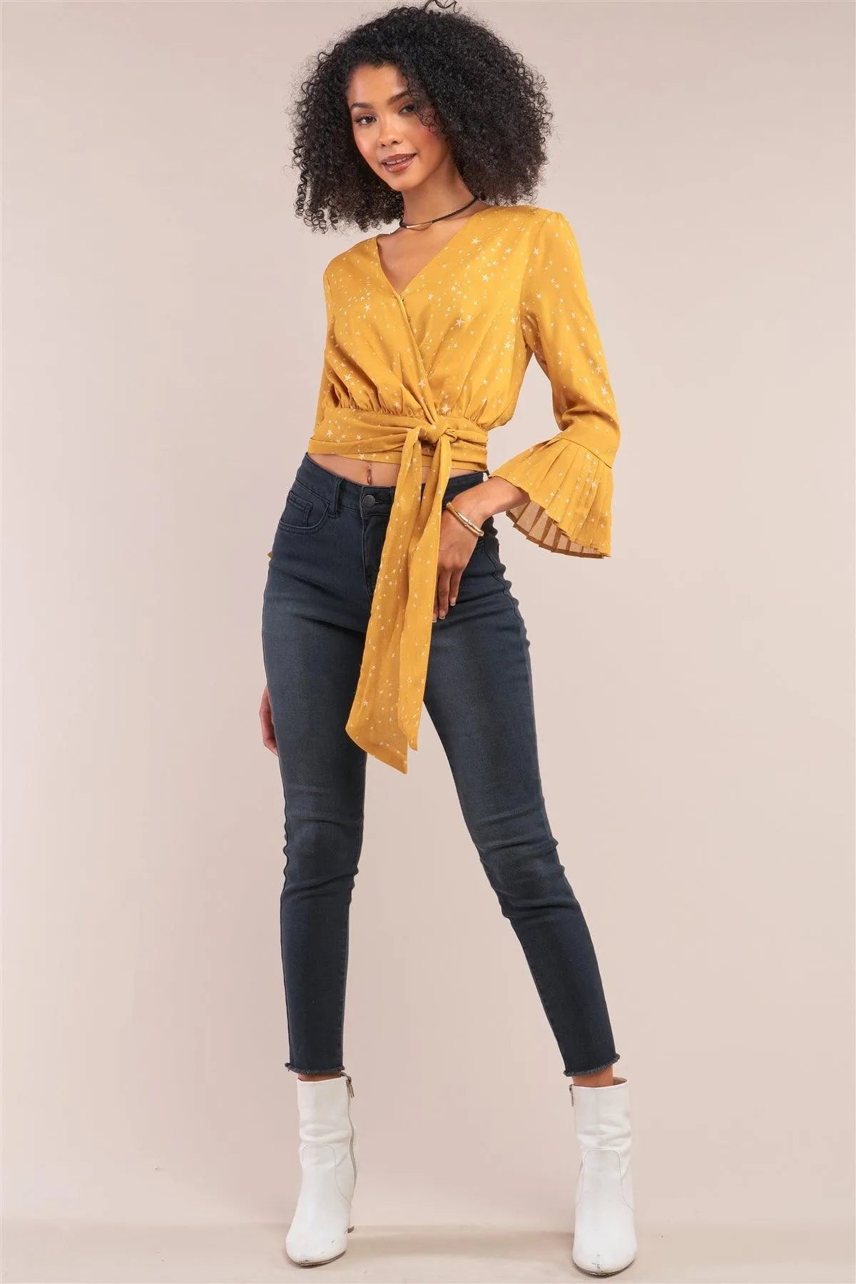 Mustard Star Print V-Neck Wrap Self-Tie Cropped Top /1-2-2-1 - Tasha Apparel Wholesale