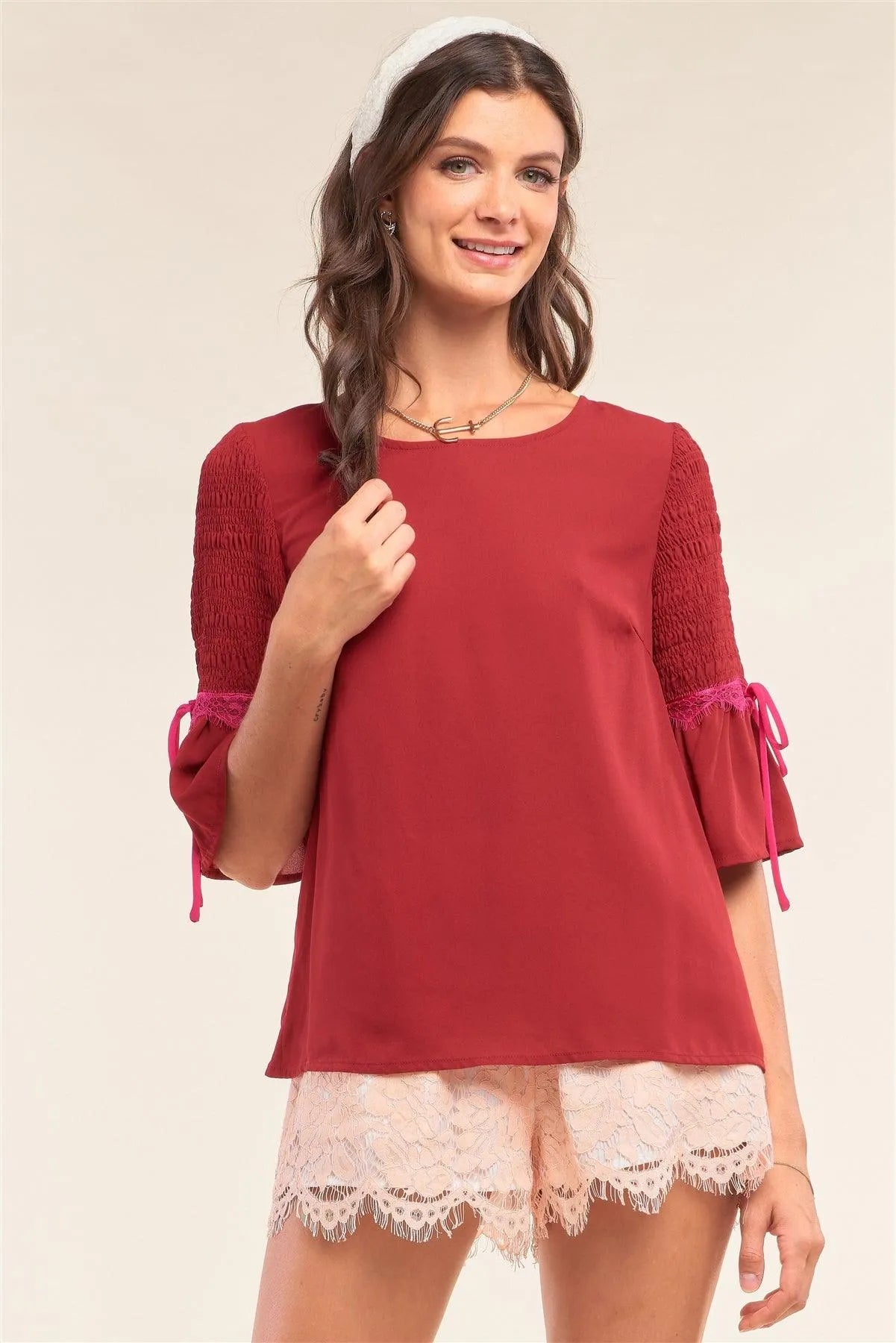 Cherry Red Relaxed Fit Round Neck Flare Hem Smock Midi Sleeve Lace Self-Tie Detail Blouse /1-2-2-1 - Tasha Apparel Wholesale