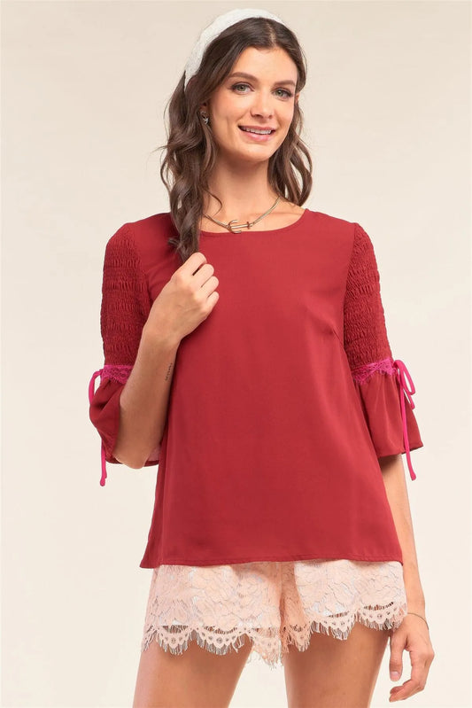 Cherry Red Relaxed Fit Round Neck Flare Hem Smock Midi Sleeve Lace Self-Tie Detail Blouse /1-2-2-1 - Tasha Apparel Wholesale