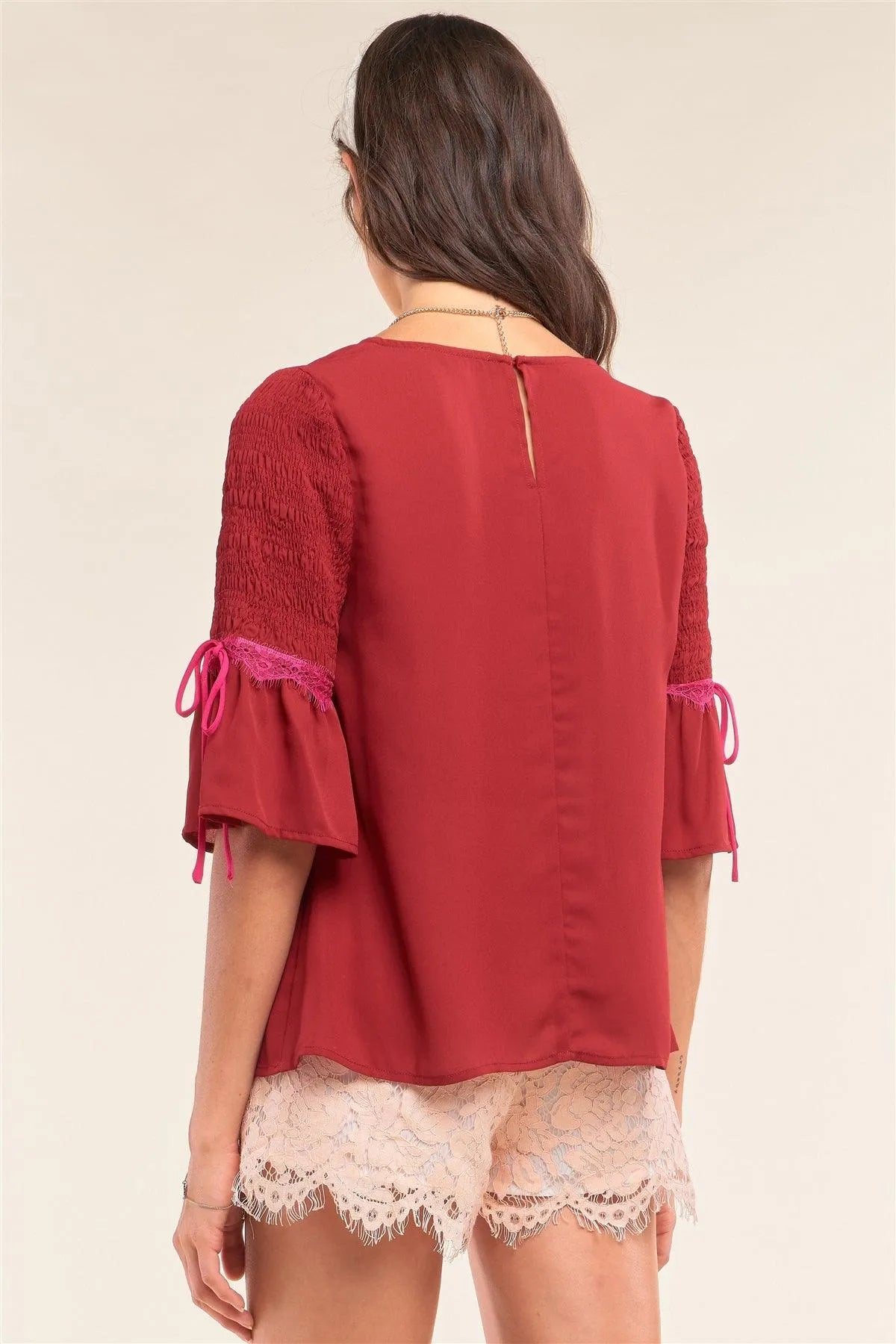 Cherry Red Relaxed Fit Round Neck Flare Hem Smock Midi Sleeve Lace Self-Tie Detail Blouse /1-2-2-1 - Tasha Apparel Wholesale