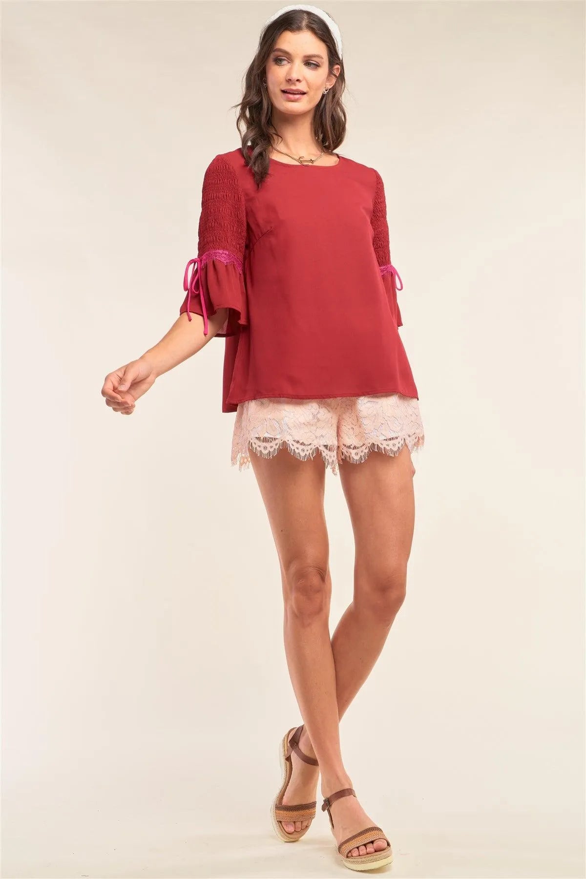 Cherry Red Relaxed Fit Round Neck Flare Hem Smock Midi Sleeve Lace Self-Tie Detail Blouse /1-2-2-1 - Tasha Apparel Wholesale