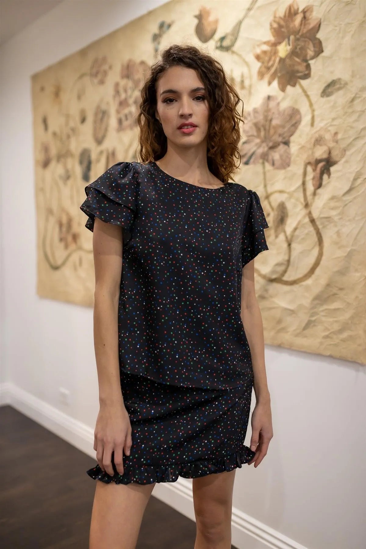 Black Multi Color Star Print Ruffle Sleeve Back Cut-Out Detail Top & Mini Skirt Set /1-2-2-1 - Tasha Apparel Wholesale
