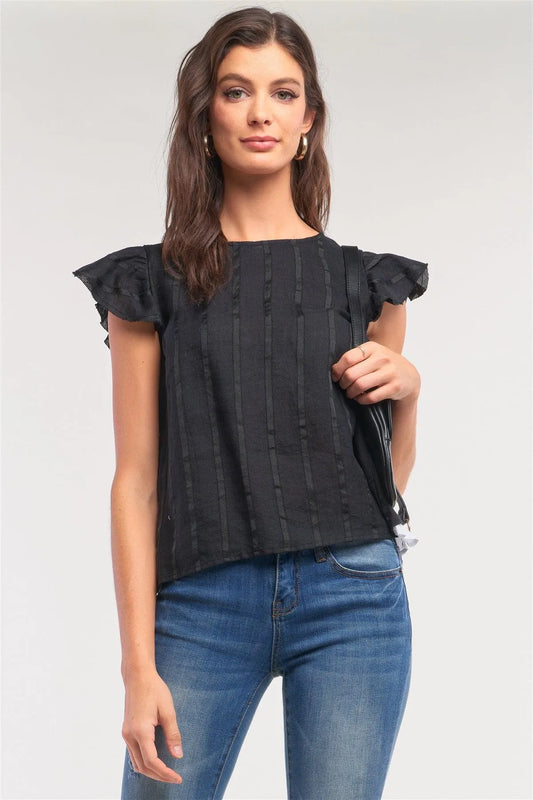 Black Striped Short Wing Sleeve Crew Neck Contrast Back Lining Lace Up Top /1-2-2 - Tasha Apparel Wholesale