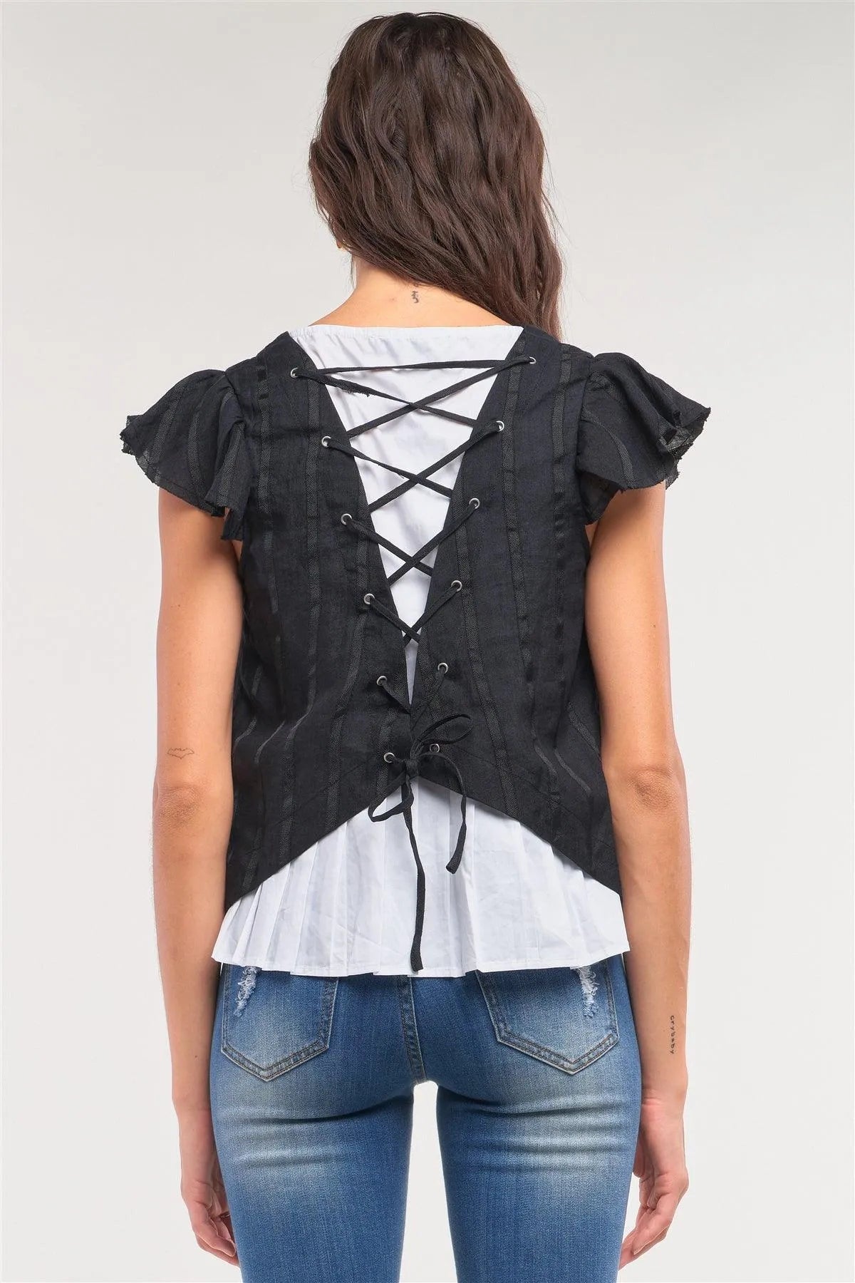 Black Striped Short Wing Sleeve Crew Neck Contrast Back Lining Lace Up Top /1-2-2 - Tasha Apparel Wholesale