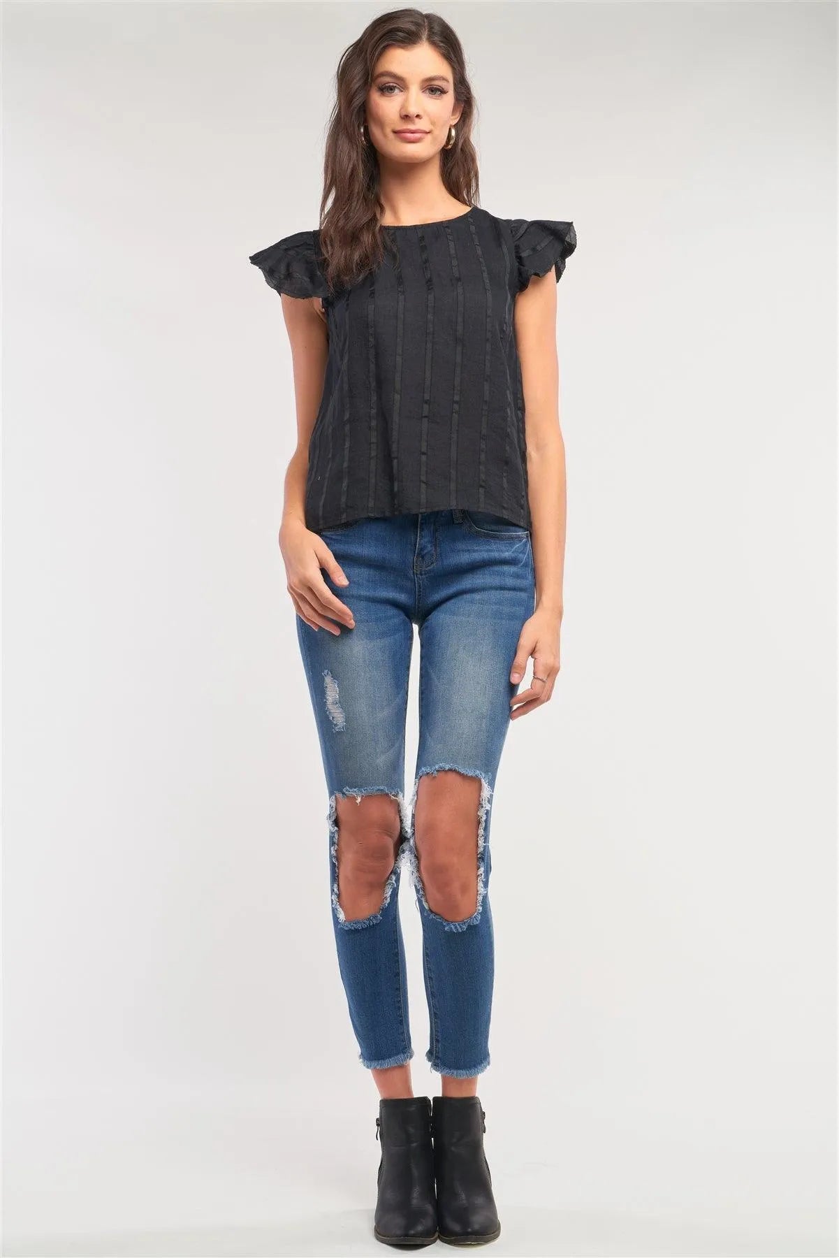 Black Striped Short Wing Sleeve Crew Neck Contrast Back Lining Lace Up Top /1-2-2 - Tasha Apparel Wholesale