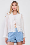 White Swiss Fabric Long Wide Sleeve Tie Front Ruffle Blouse /1-2-2-1