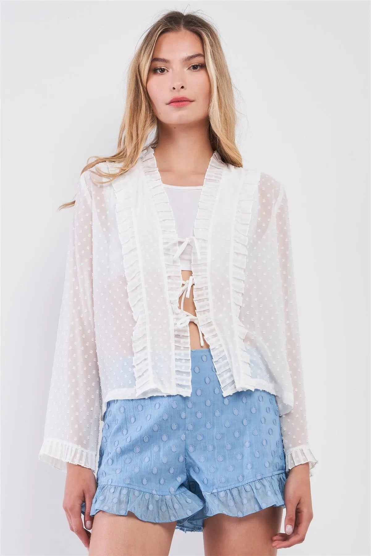 White Swiss Fabric Long Wide Sleeve Tie Front Ruffle Blouse /1-2-2-1 - Tasha Apparel Wholesale