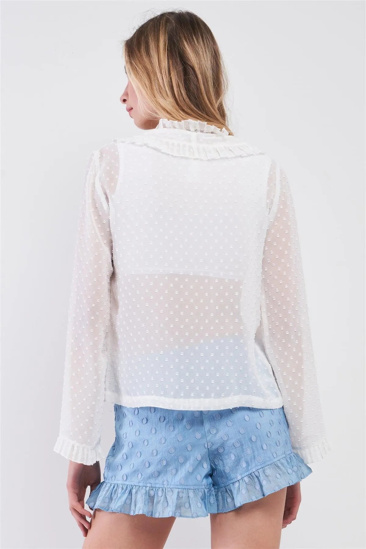 White Swiss Fabric Long Wide Sleeve Tie Front Ruffle Blouse /1-2-2-1 - Tasha Apparel Wholesale
