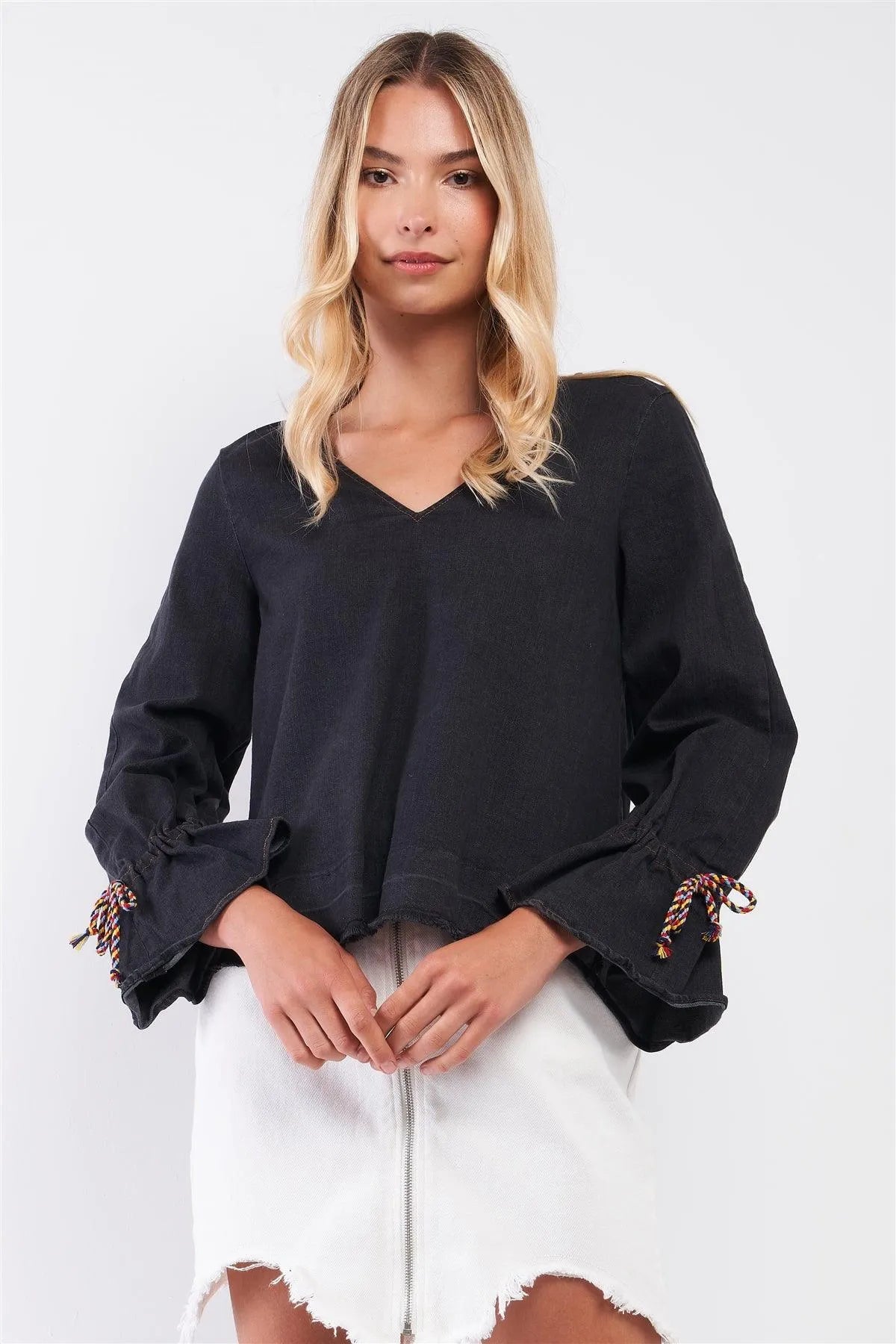 Black Denim V-Neck Long Rainbow Sack-Tie Flare Sleeve Detail Raw Hem Loose Fit Top /2-1-2 - Tasha Apparel Wholesale