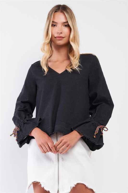 Black Denim V-Neck Long Rainbow Sack-Tie Flare Sleeve Detail Raw Hem Loose Fit Top /2-1-2 - Tasha Apparel Wholesale
