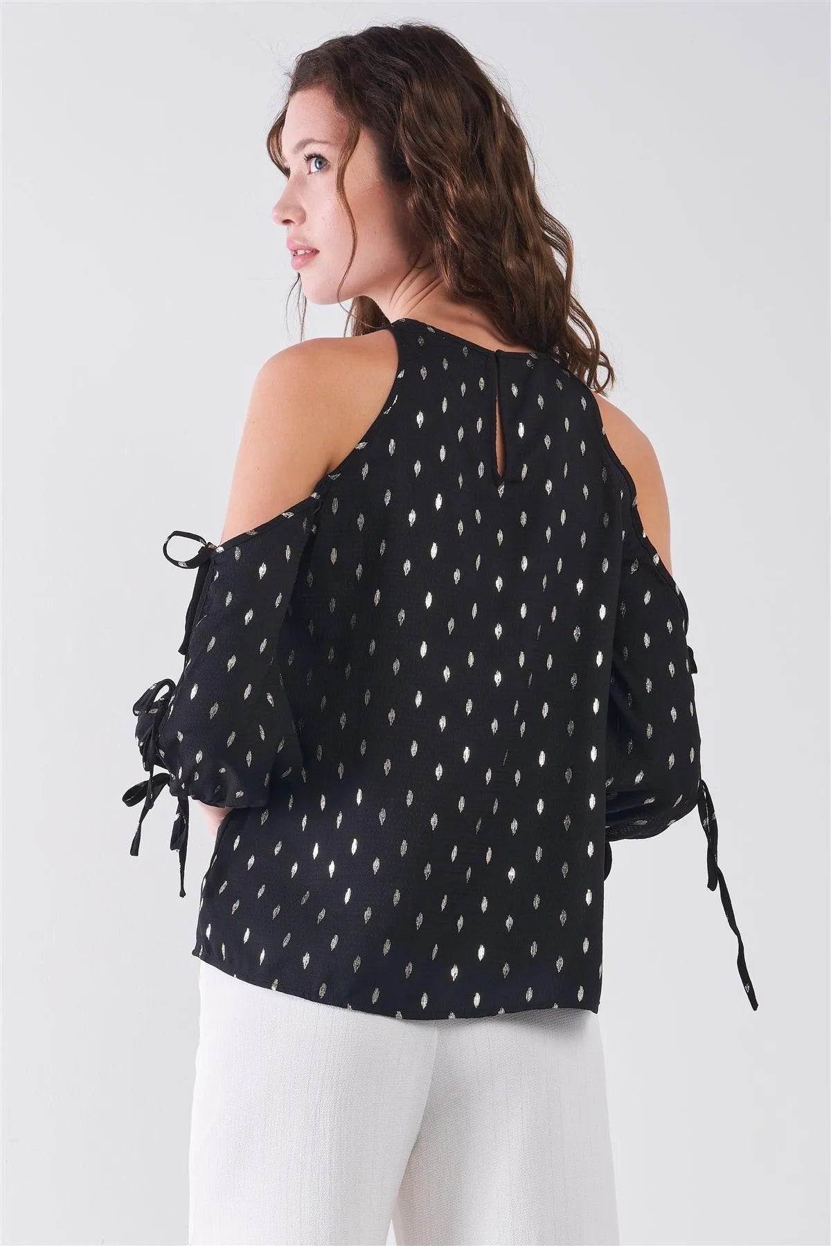 Black & Gold Print Cold Shoulder Detail Round Neck Self-Tie Balloon Sleeve Relaxed Top /1-2-2-1 - Tasha Apparel Wholesale