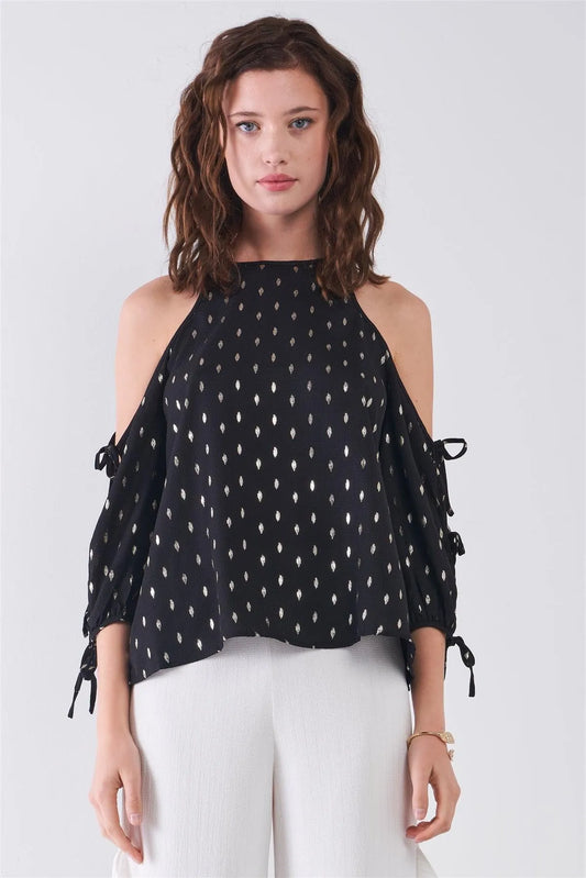 Black & Gold Print Cold Shoulder Detail Round Neck Self-Tie Balloon Sleeve Relaxed Top - Tasha Apparel Wholesale