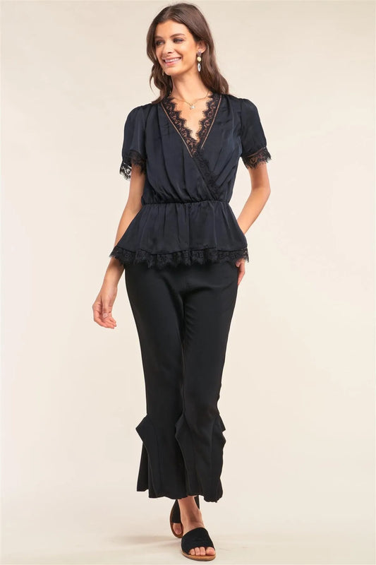 Black Satin Wrap Deep Plunge V-Neck Lace Hem Detail Flare Top /2-2 - Tasha Apparel Wholesale