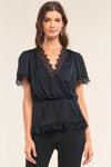 Black Satin Wrap Deep Plunge V-Neck Lace Hem Detail Flare Top /1-2-2-1 - Tasha Apparel Wholesale