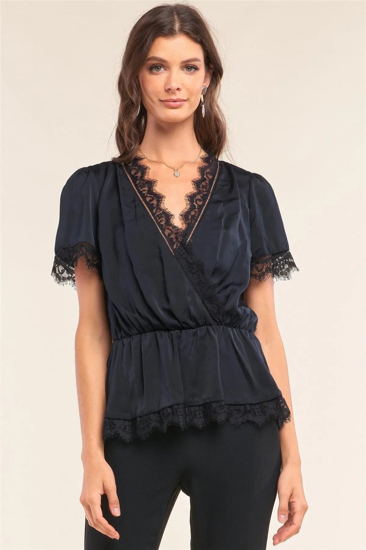 Black Satin Wrap Deep Plunge V-Neck Lace Hem Detail Flare Top /1-2-2-1 - Tasha Apparel Wholesale