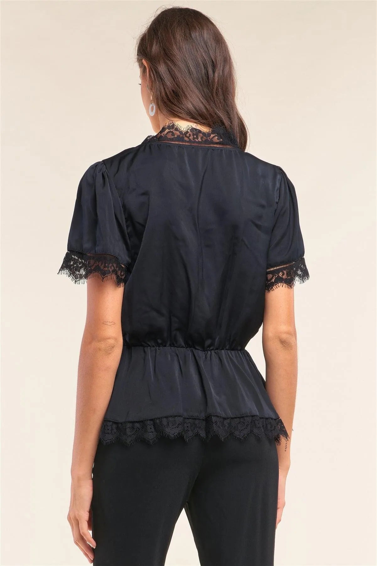 Black Satin Wrap Deep Plunge V-Neck Lace Hem Detail Flare Top /1-2-2-1 - Tasha Apparel Wholesale