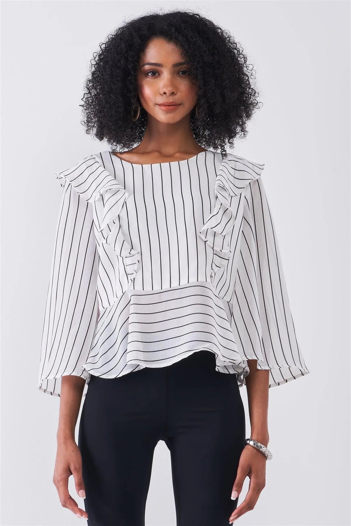 White & Black Pinstriped Ruffle Trim Angel Sleeve Detail Relaxed Blouse /1-2-2-1 - Tasha Apparel Wholesale