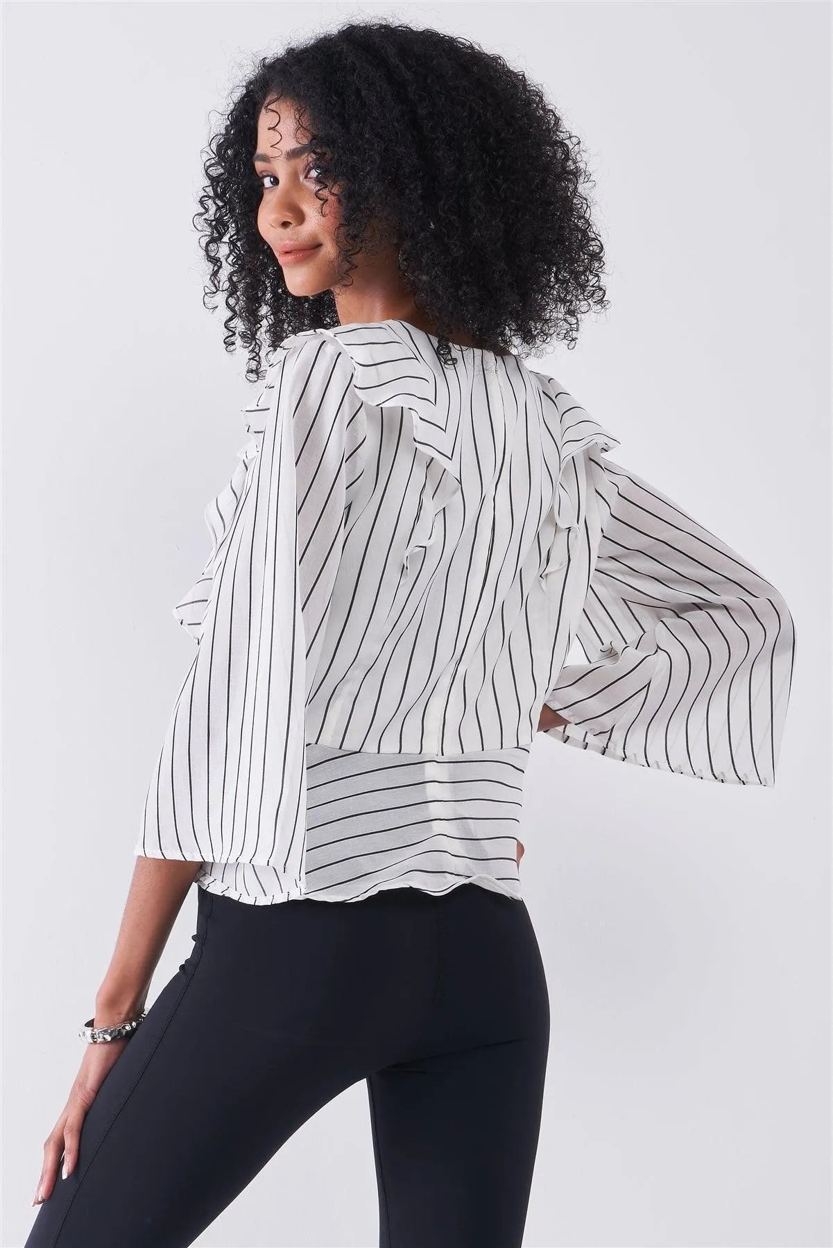 White & Black Pinstriped Ruffle Trim Angel Sleeve Detail Relaxed Blouse /1-2-2-1 - Tasha Apparel Wholesale