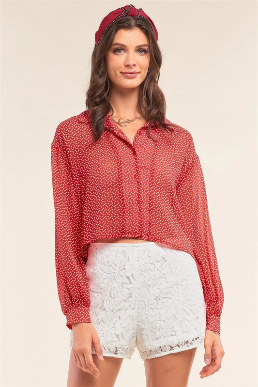 Red Retro Chic Heart Print Relaxed Fit Long Sleeve Criss-Cross Tie Up Detail Button Up Cropped Shirt /1-2-2-1 - Tasha Apparel Wholesale