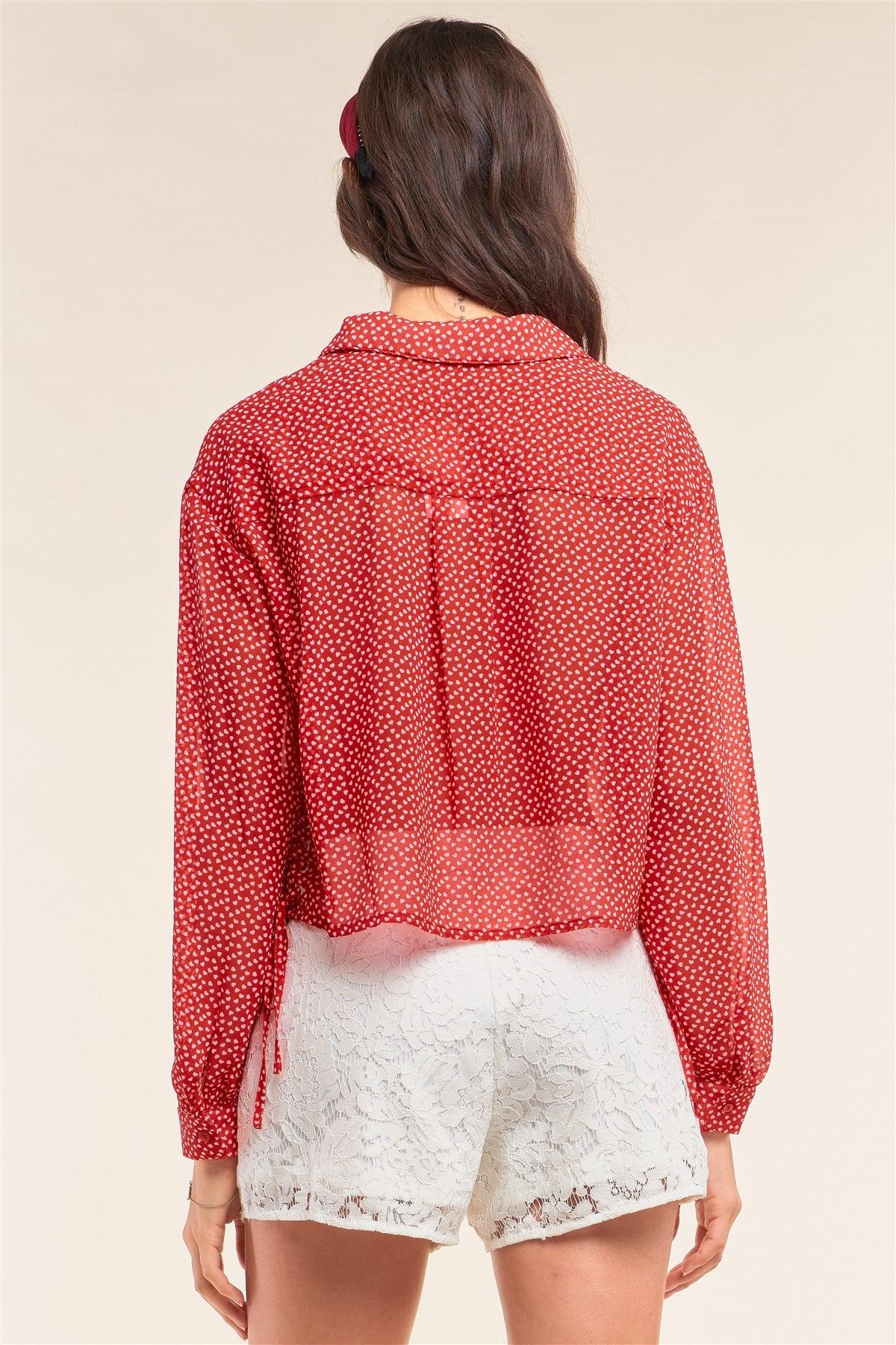 Red Retro Chic Heart Print Relaxed Fit Long Sleeve Criss-Cross Tie Up Detail Button Up Cropped Shirt /1-2-2-1