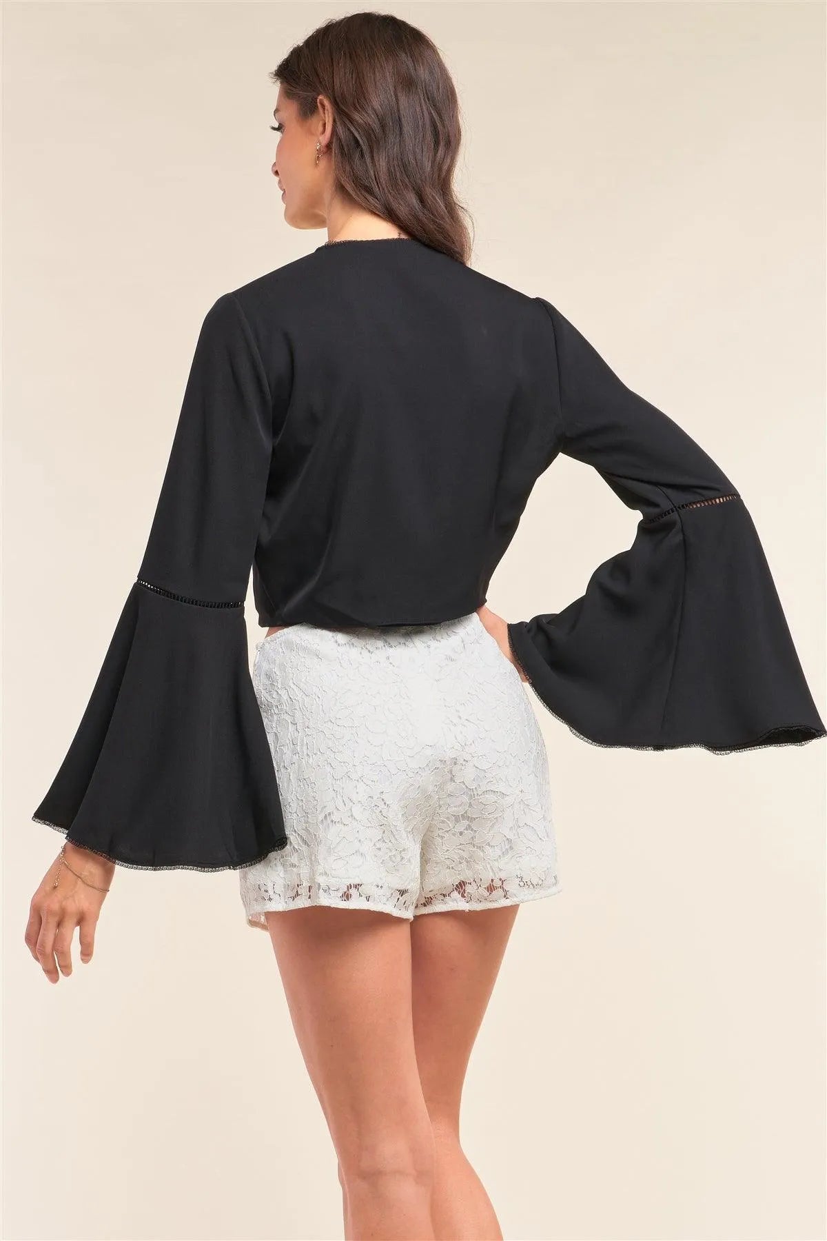 Black Self-Tie Front Long Angel Sleeve Cropped Top - Tasha Apparel Wholesale