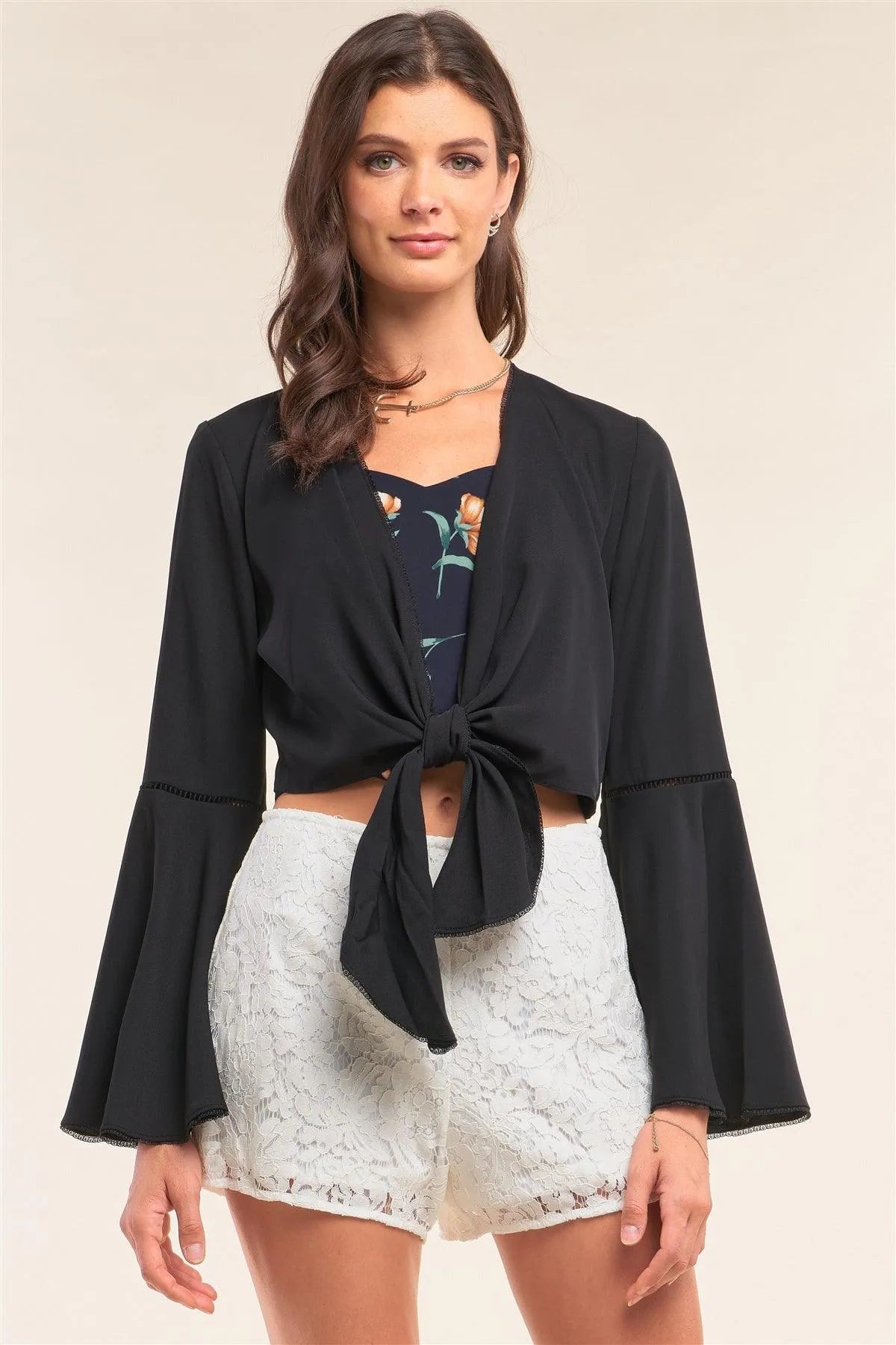 Black Self-Tie Front Long Angel Sleeve Cropped Top /2-3-1 - Tasha Apparel Wholesale