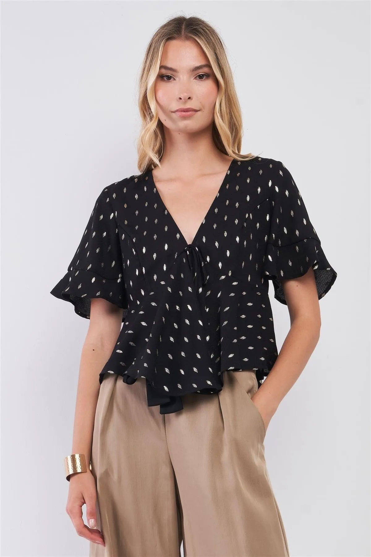 Black & Gold Brush Strokes Print V-Neck Short Angel Sleeve Tie Front Detail Top /1-2-2-1 - Tasha Apparel Wholesale