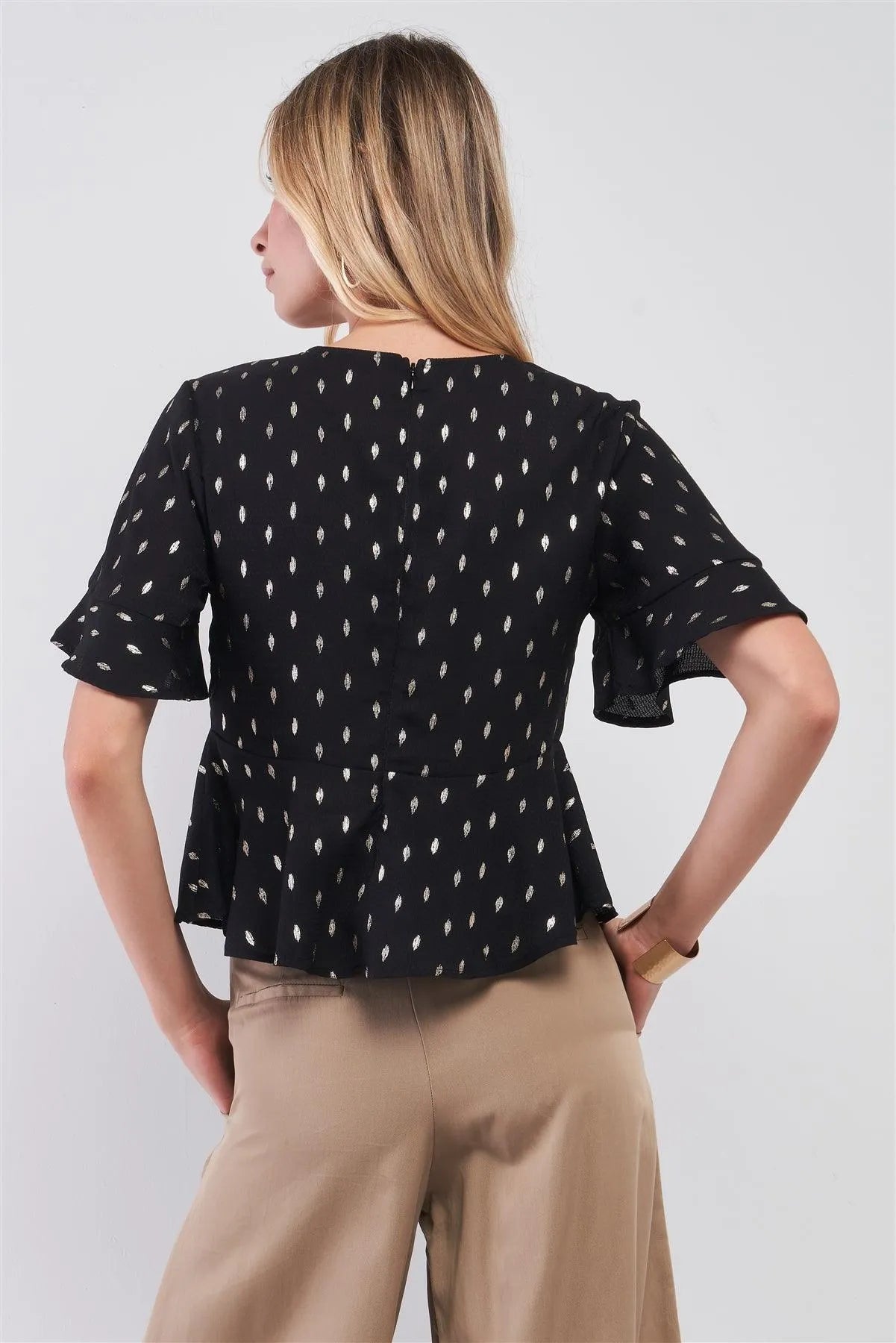 Black & Gold Brush Strokes Print V-Neck Short Angel Sleeve Tie Front Detail Top /1-2-2-1 - Tasha Apparel Wholesale