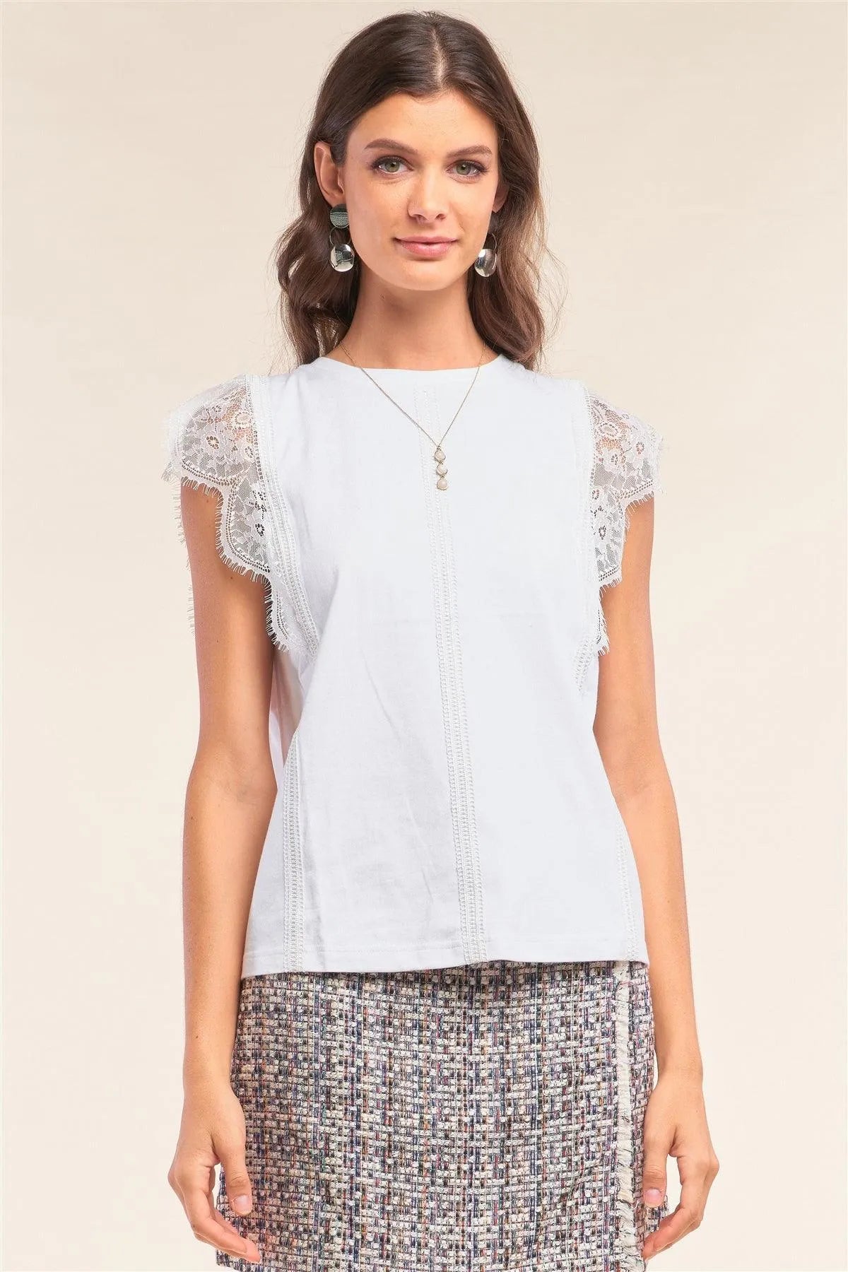 White Cotton Sleeveless Round Neck Lace Mesh Trim Detail Top /1-2-2-1 - Tasha Apparel Wholesale