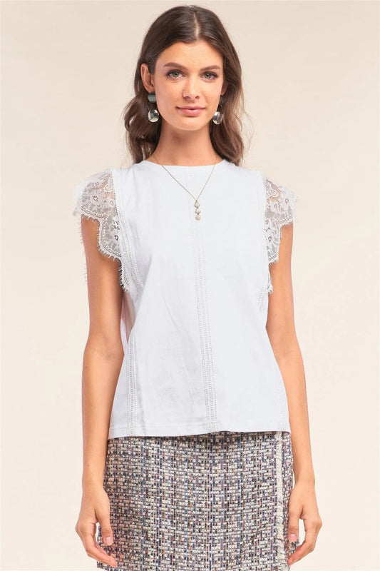 White Cotton Sleeveless Round Neck Lace Mesh Trim Detail Top /1-2-2-1 - Tasha Apparel Wholesale