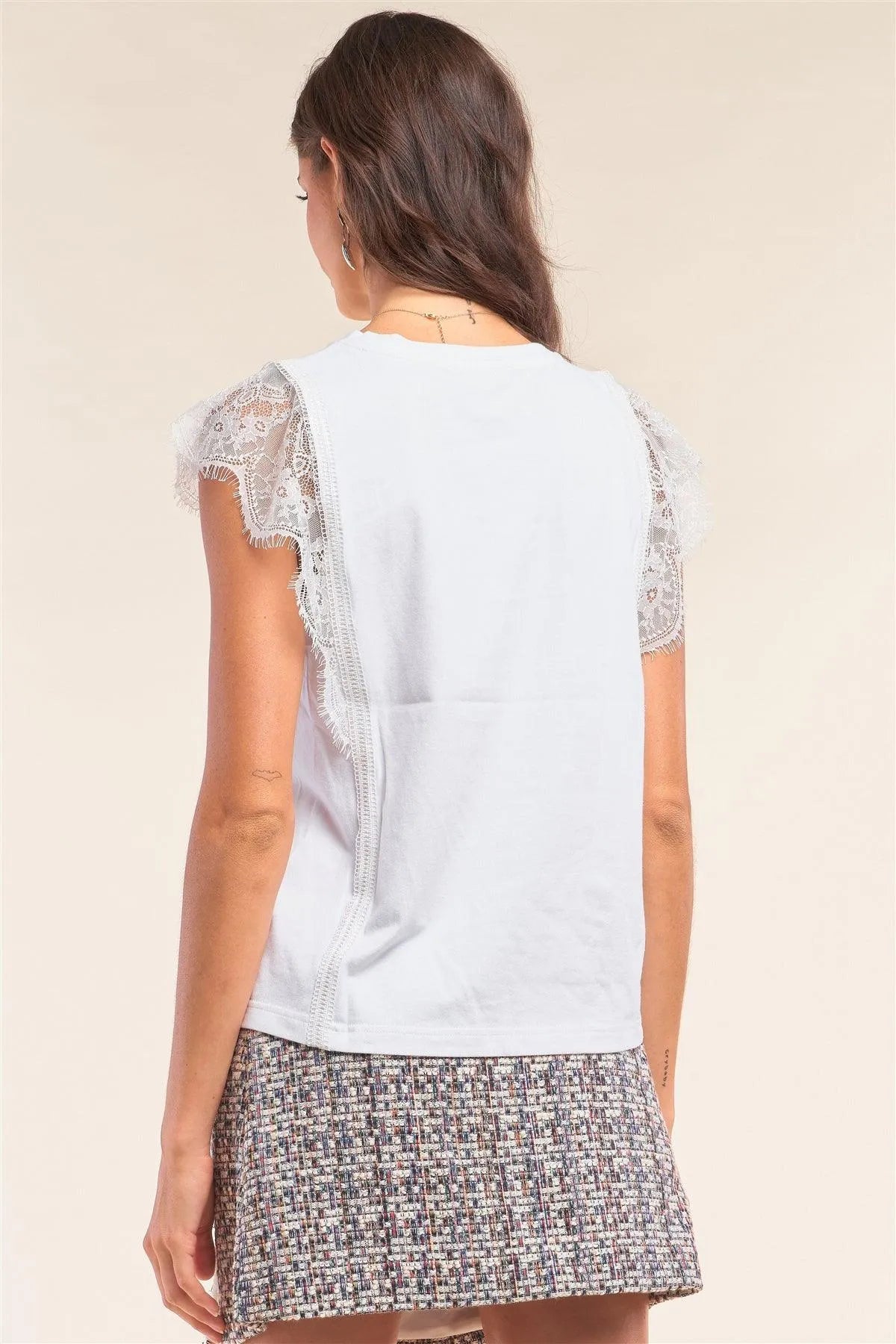 White Cotton Sleeveless Round Neck Lace Mesh Trim Detail Top /1-2-2-1 - Tasha Apparel Wholesale
