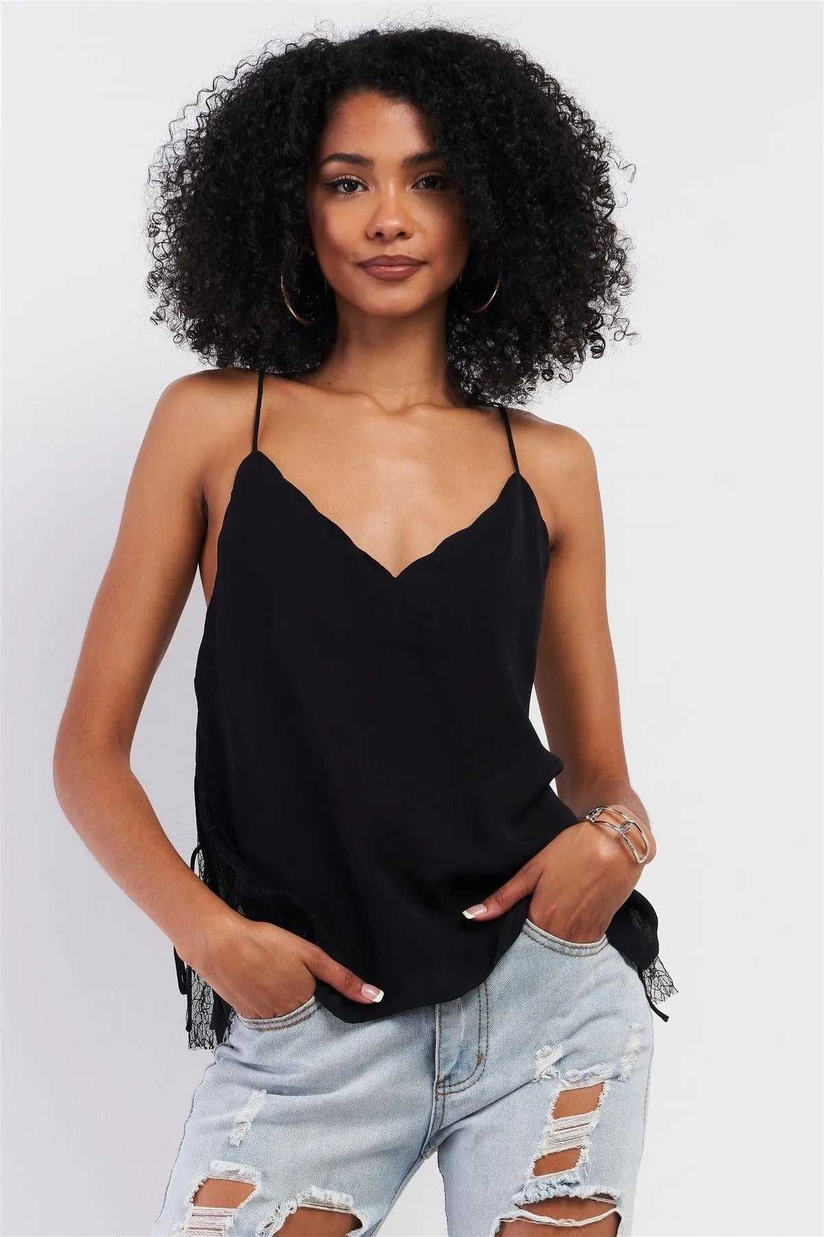 Black Sleeveless Scallop Hem V-Neck Lace Detail Top /1-2-2-1 - Tasha Apparel Wholesale