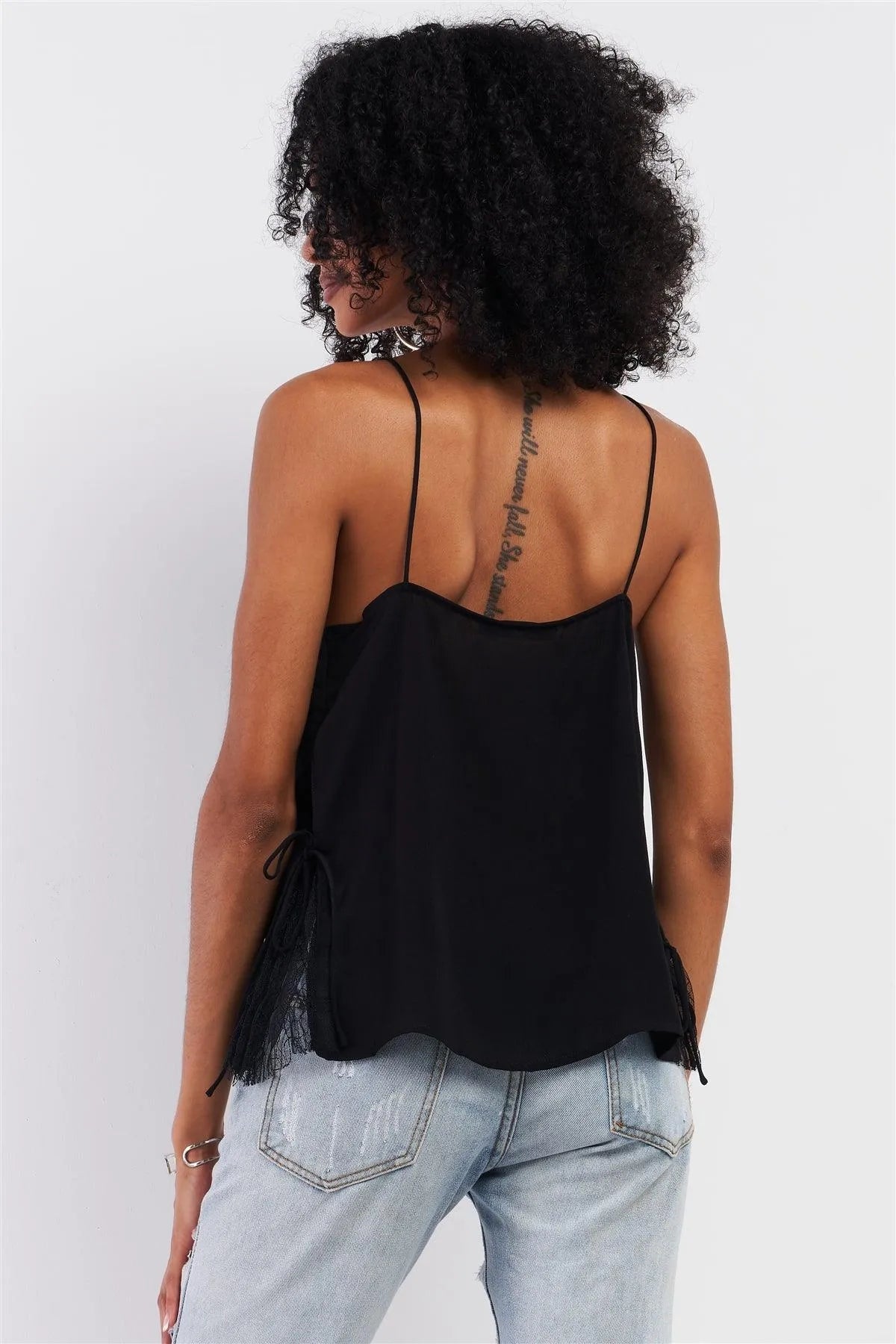 Black Sleeveless Scallop Hem V-Neck Lace Detail Top /1-2-2-1 - Tasha Apparel Wholesale