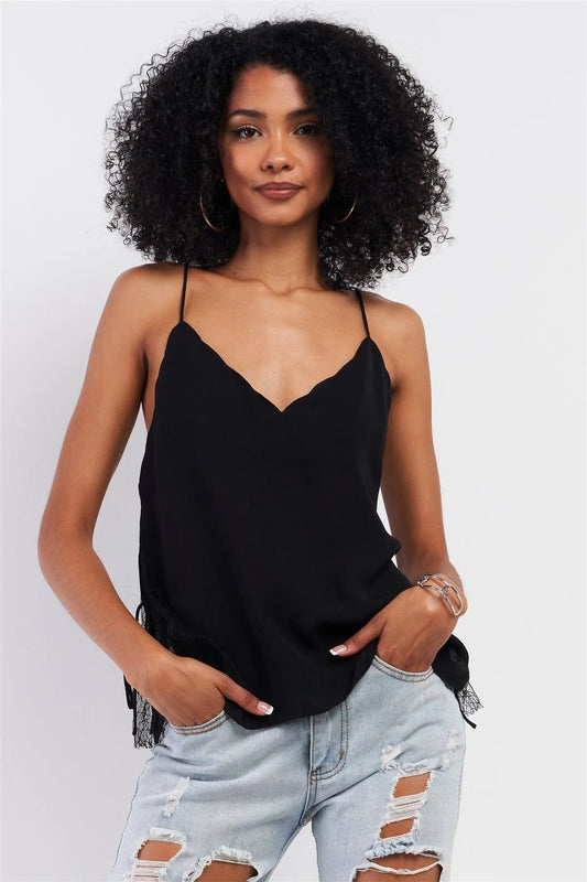 Black Sleeveless Scallop Hem V-Neck Lace Detail Top /2-1-2-1 - Tasha Apparel Wholesale