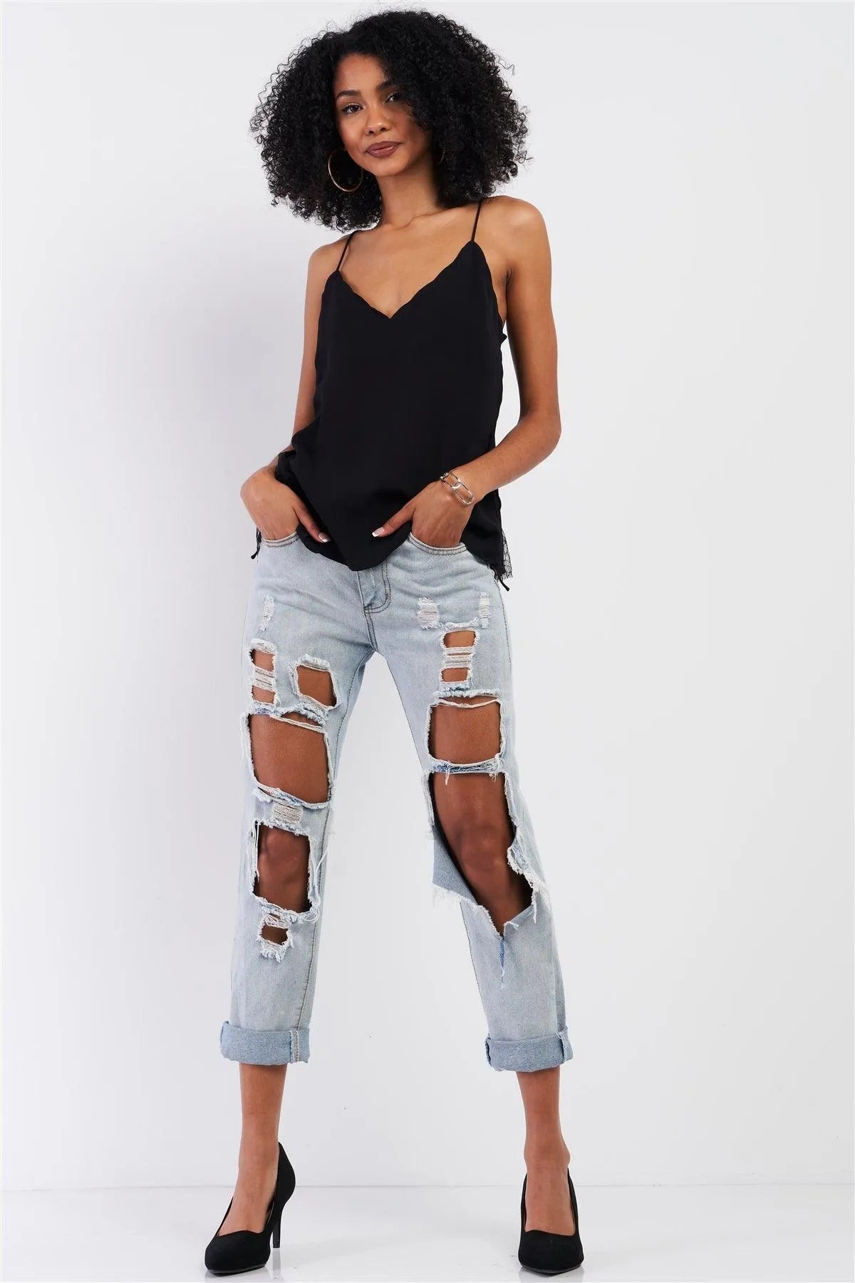 Black Sleeveless Scallop Hem V-Neck Lace Detail Top /2-1-2-1 - Tasha Apparel Wholesale