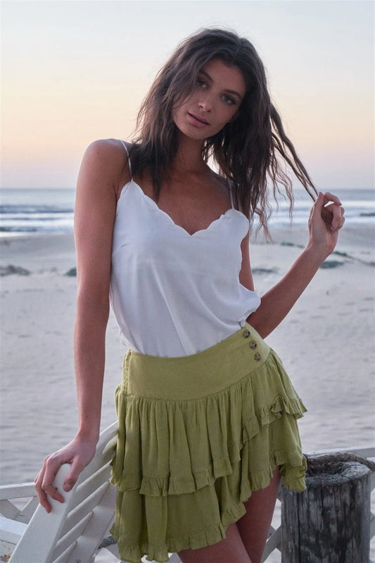 White Sleeveless Scallop Hem V-Neck Lace Detail Top /1-2-2-1 - Tasha Apparel Wholesale