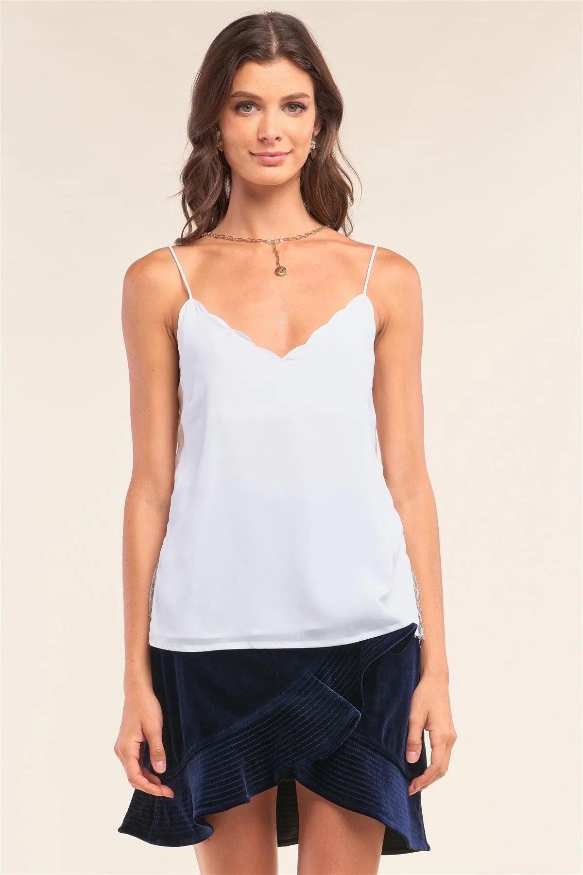 White Sleeveless Scallop Hem V-Neck Lace Detail Top /1-2-2-1 - Tasha Apparel Wholesale