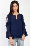 Navy Polka Dot Mesh Ruffle Cut-Out Details Top /1-2-2-1 - Tasha Apparel Wholesale