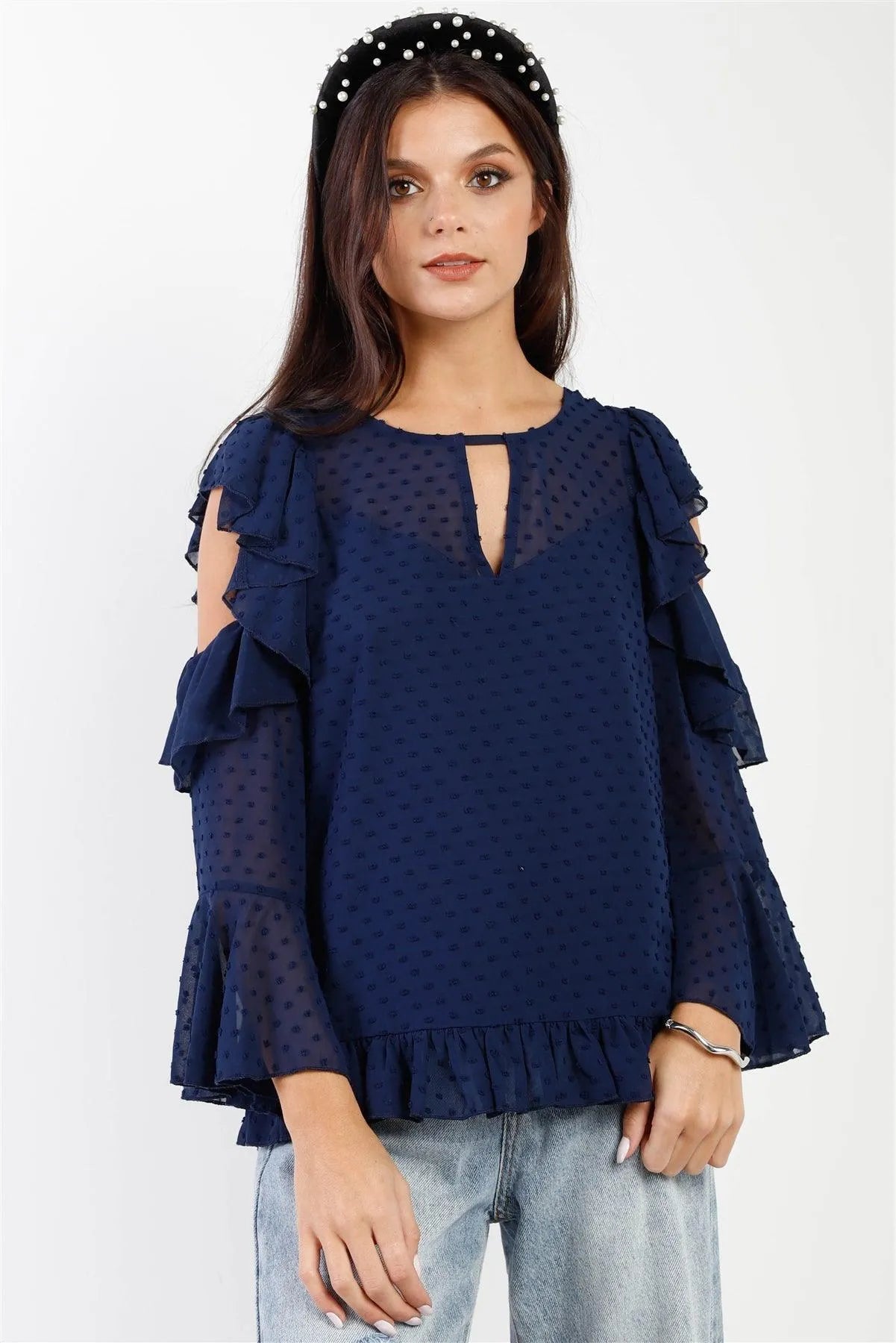 Navy Polka Dot Mesh Ruffle Cut-Out Details Top /1-2-2-1 - Tasha Apparel Wholesale