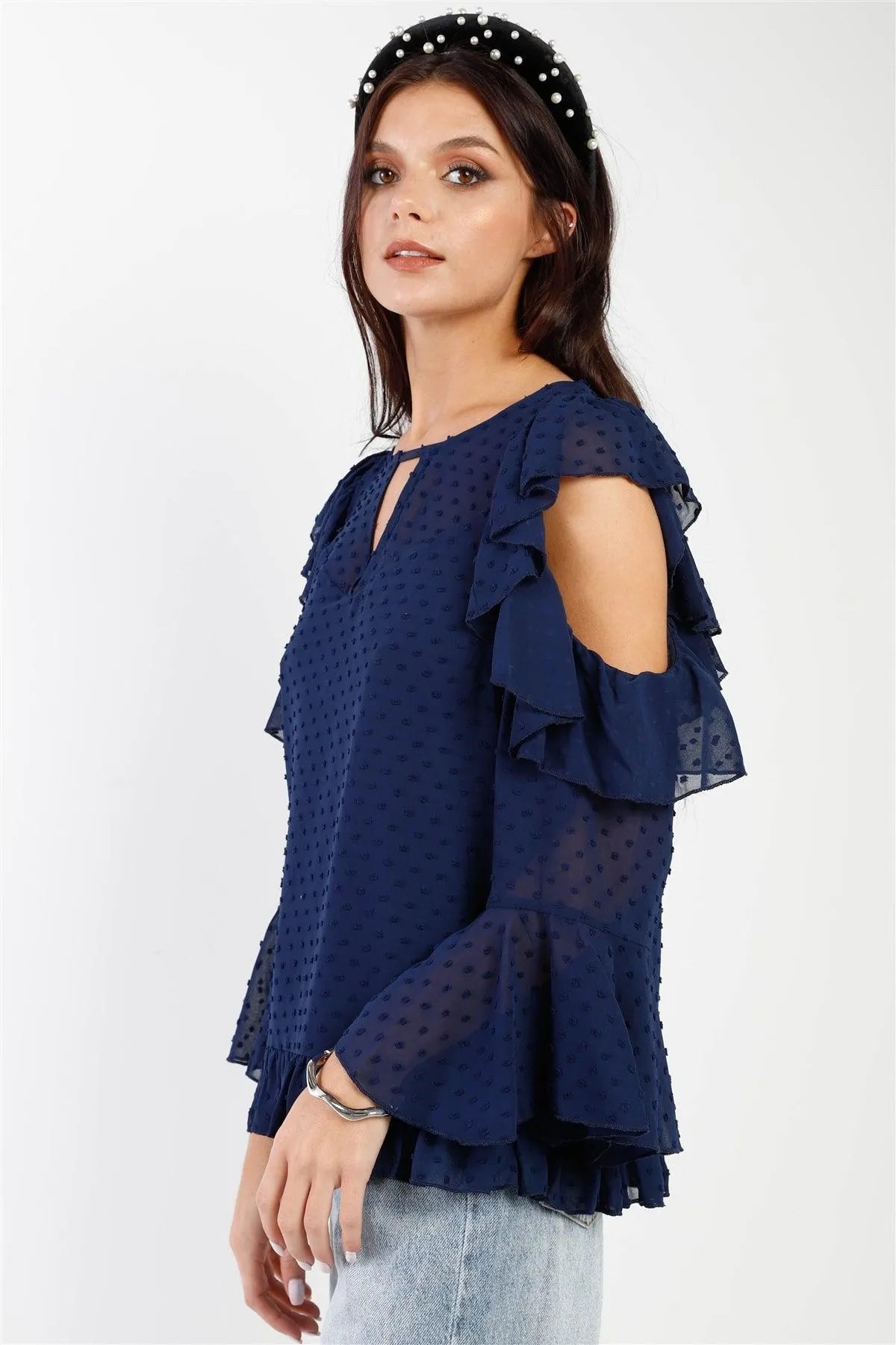 Navy Polka Dot Mesh Ruffle Cut-Out Details Top /1-2-2-1 - Tasha Apparel Wholesale
