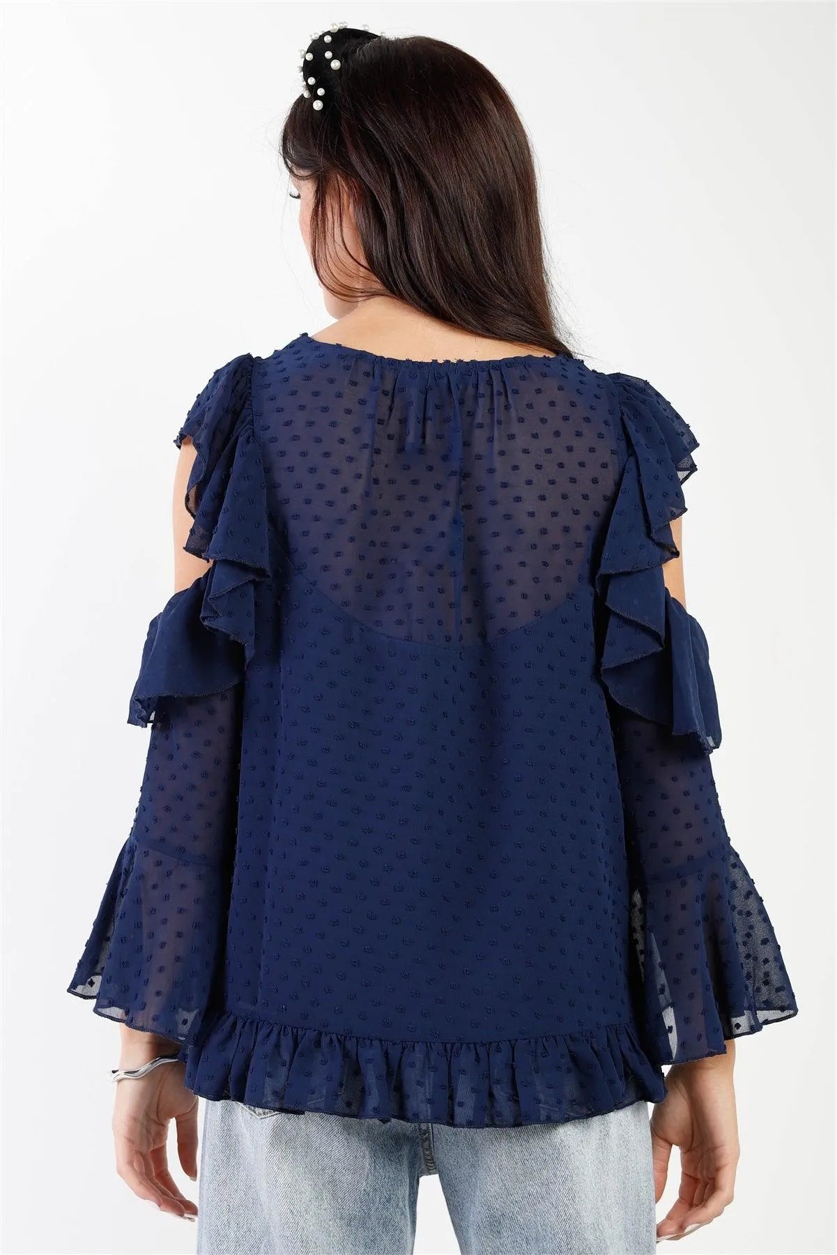 Navy Polka Dot Mesh Ruffle Cut-Out Details Top /1-2-2-1 - Tasha Apparel Wholesale