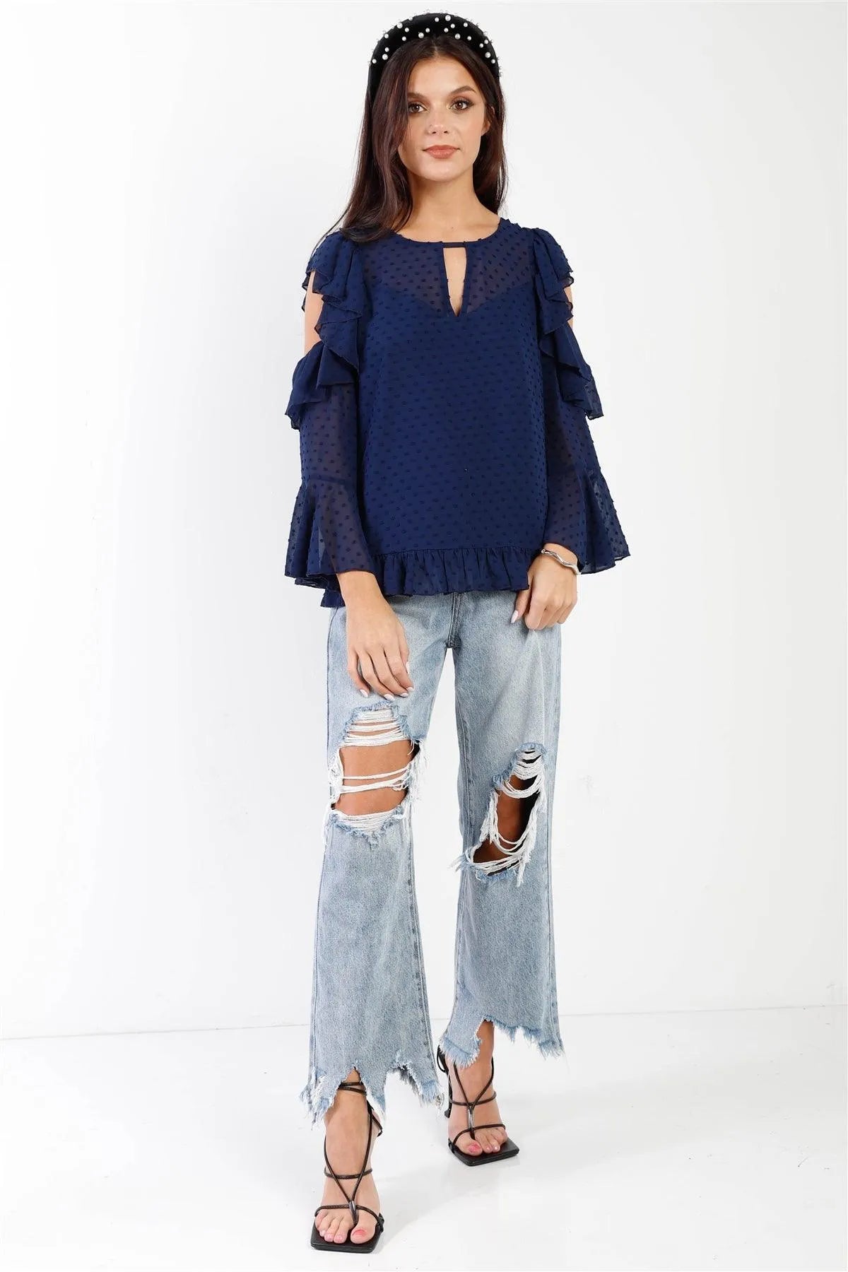 Navy Polka Dot Mesh Ruffle Cut-Out Details Top /1-2-2-1 - Tasha Apparel Wholesale