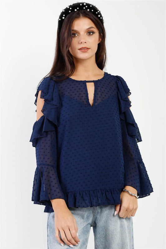 Navy Polka Dot Mesh Ruffle Cut-Out Details Top - Tasha Apparel Wholesale