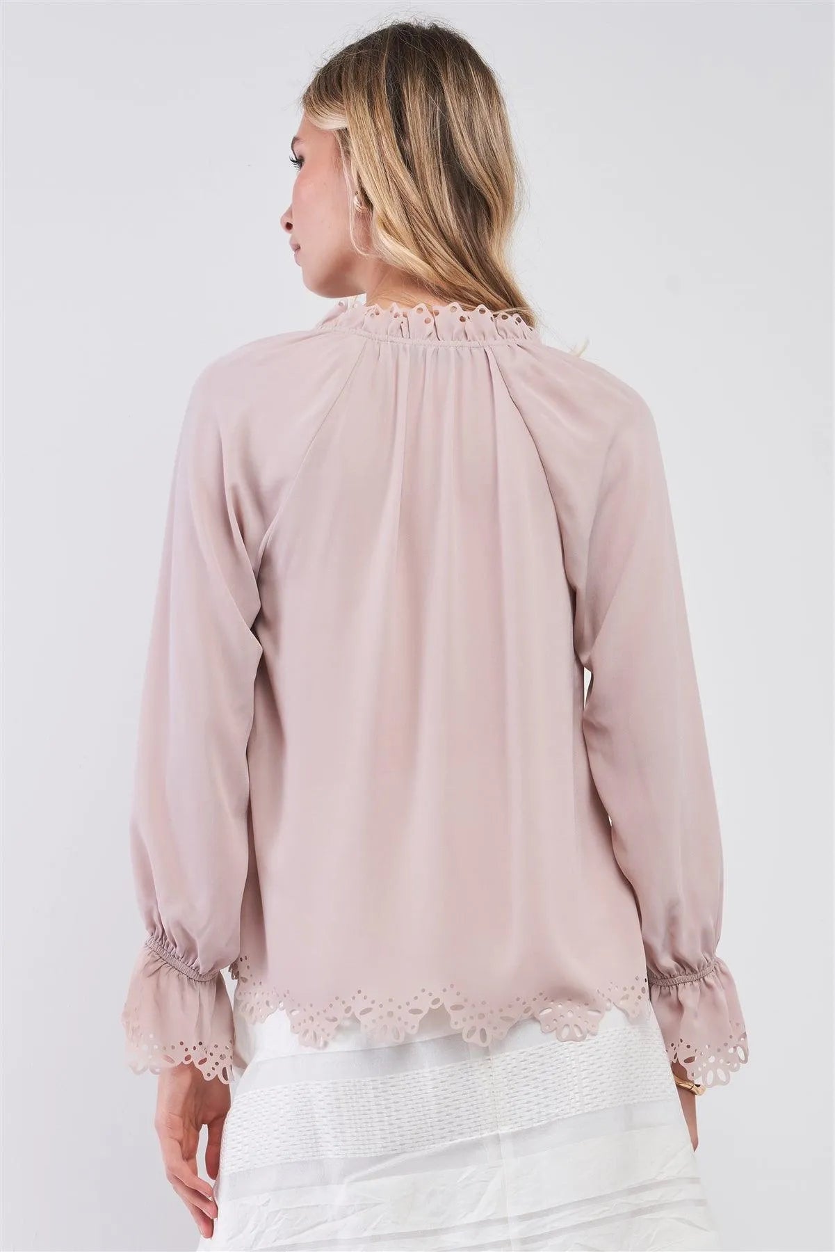 Blush Long Balloon Sleeve Loose Fit Front Draw String Tie Laser Cut Out Flounce Top /2-2-1 - Tasha Apparel Wholesale
