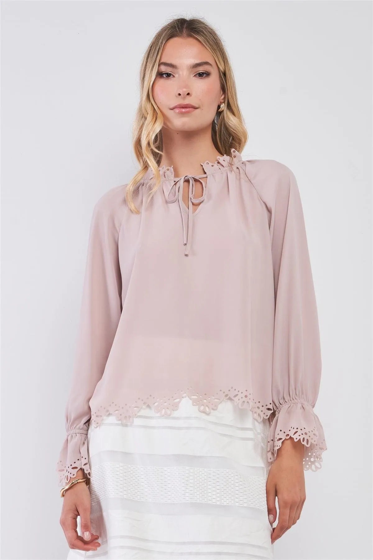 Blush Long Balloon Sleeve Loose Fit Front Draw String Tie Laser Cut Out Flounce Top /2-2-1 - Tasha Apparel Wholesale