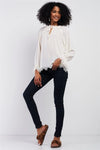 Cream Long Balloon Sleeve Loose Fit Front Draw String Tie Laser Cut Out Flounce Top /2-1-1 - Tasha Apparel Wholesale