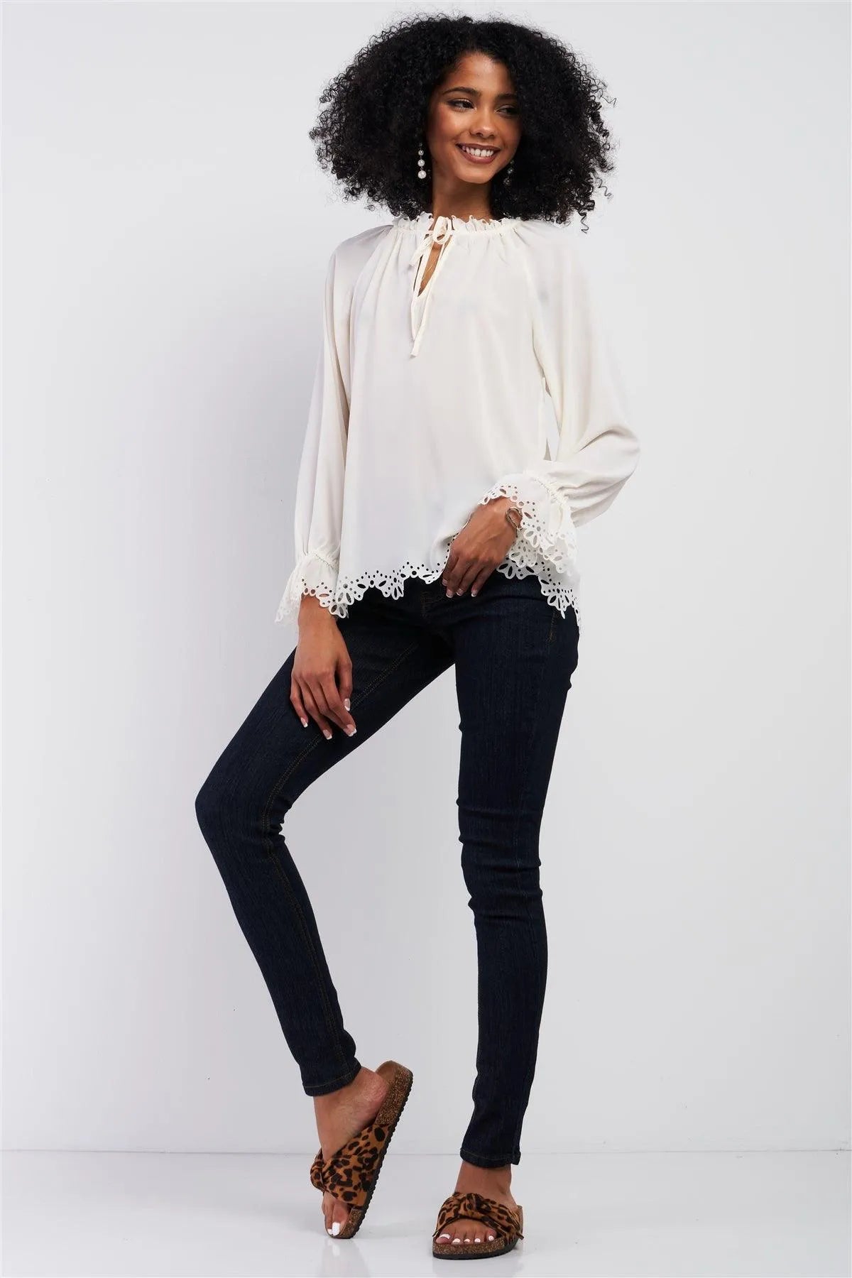 Cream Long Balloon Sleeve Loose Fit Front Draw String Tie Laser Cut Out Flounce Top /2-1-1 - Tasha Apparel Wholesale